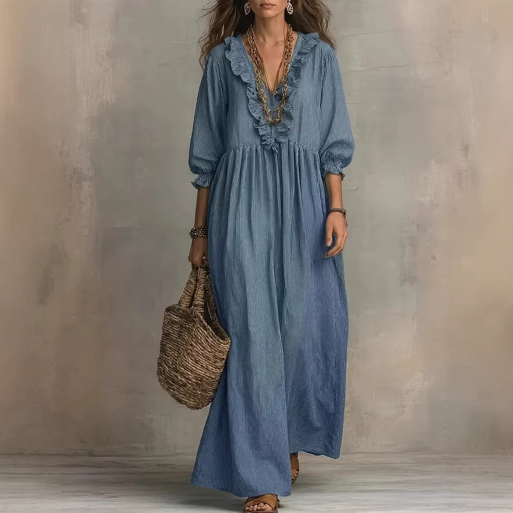 Womens Striped Ruffle-Trimmed Loose High-Waist V-Neck Dress - Image 8