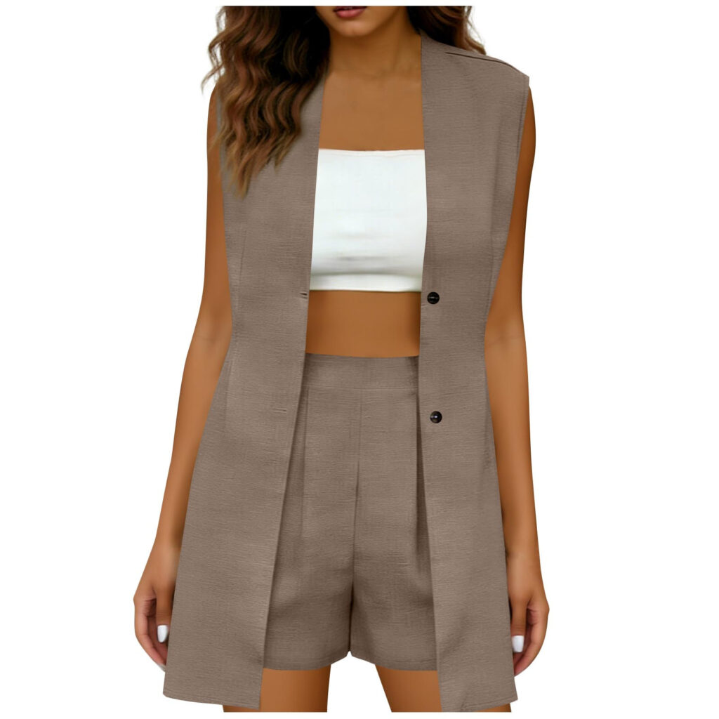 Elegant Commuter V-Neck Sleeveless Top Vest Jacket And Shorts Set