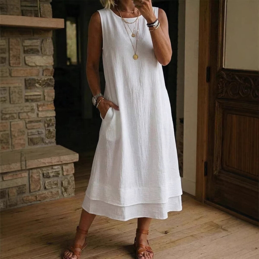 Women's Fashion Casual Cotton-Linen Crew-Neck Sleeveless Dress