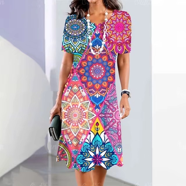 Womens Summer Classic 3D Digital Print Fashion Short-Sleeve Dress - Image 3