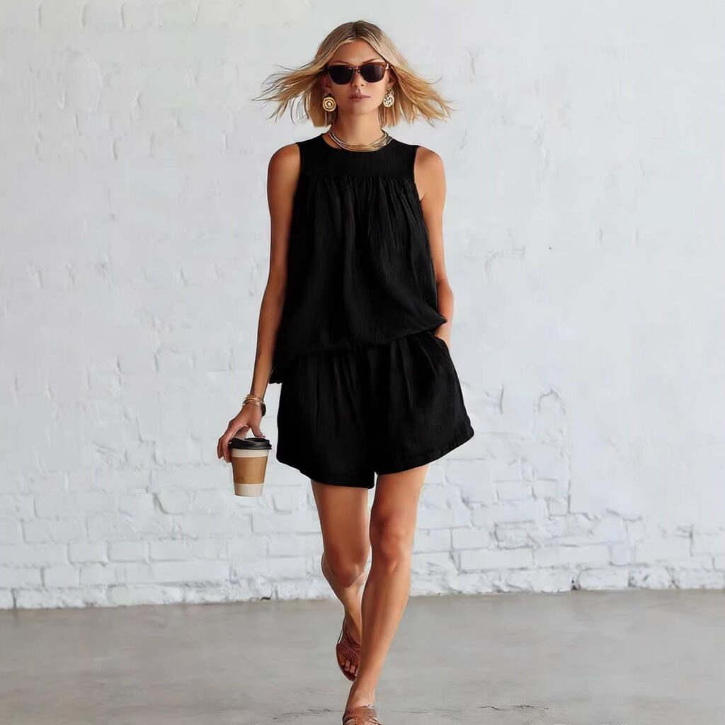 Womens Fashionable Retro Cotton-Linen Sleeveless Top And Wide-Leg Shorts Set