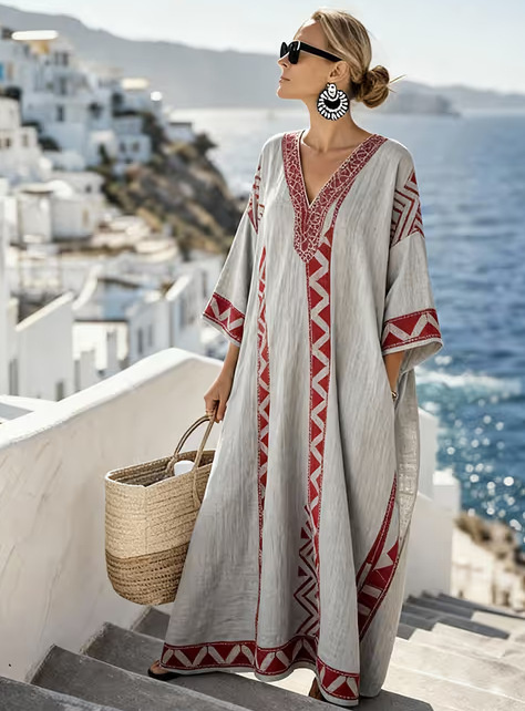 Female Digital Printed V-neck Five Quarter Sleeve Dress - Image 2