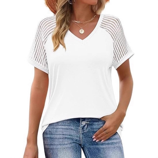Loose-fitting Hollow-out Mesh Panel V-neck Short-sleeve Top