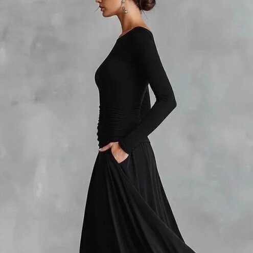 Womens Solid-Color Elegant Waist-Cinching Dress - Image 2