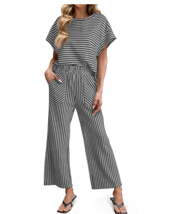 Womens Striped Short-Sleeve T-Shirt And Wide-Leg Pants Set With Pockets - Image 12