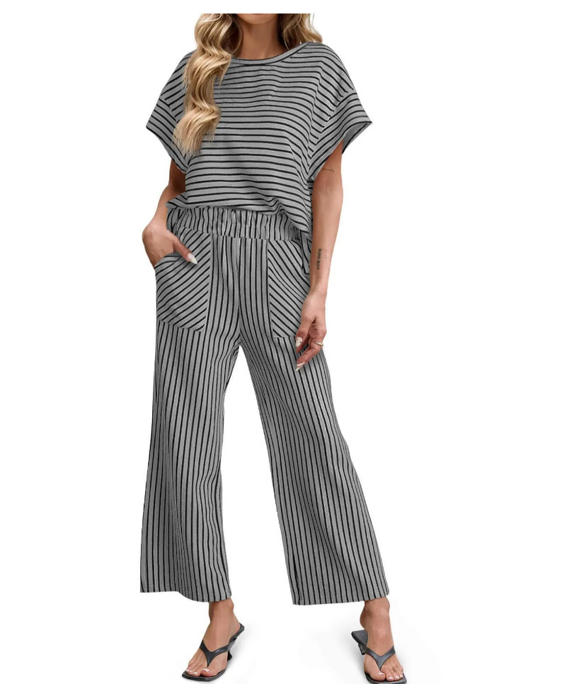 Womens Striped Short-Sleeve T-Shirt And Wide-Leg Pants Set With Pockets - Image 5
