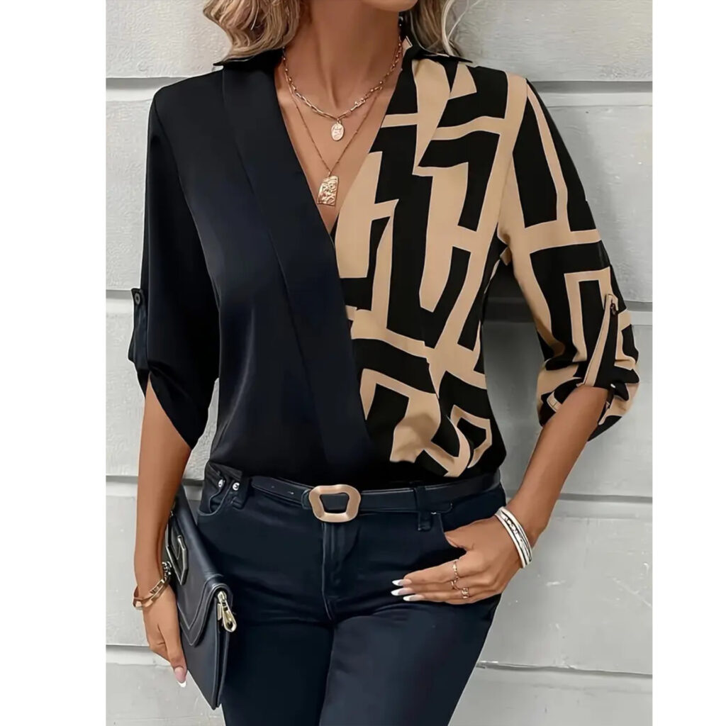 New European And American-style Casual Black V-neck Patchwork Fashion Shirt