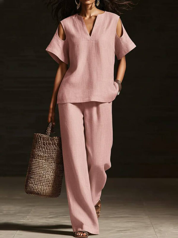 Womens Solid-Colored V-Neck Straight-Leg Pants Short-Sleeve Set With Ripped Details - Image 13