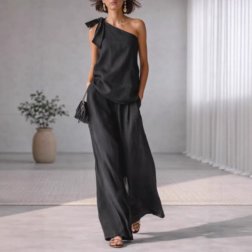 Sleeveless One-shoulder Top With Tie Detail And Wide-leg Pants
