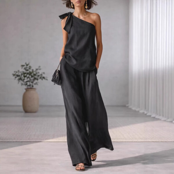 Sleeveless One-shoulder Top With Tie Detail And Wide-leg Pants
