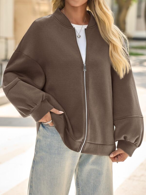 Fisoew Womens Zip Up Sweatshirt Casual Bomber Jacket Lantern Sleeve Oversized Jacket Fall Outfits 2025 - Image 36