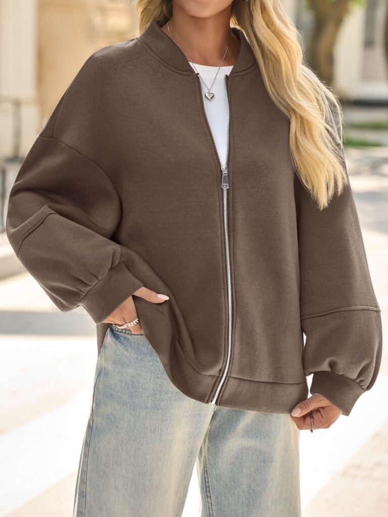 Fisoew Womens Zip Up Sweatshirt Casual Bomber Jacket Lantern Sleeve Oversized Jacket Fall Outfits 2025