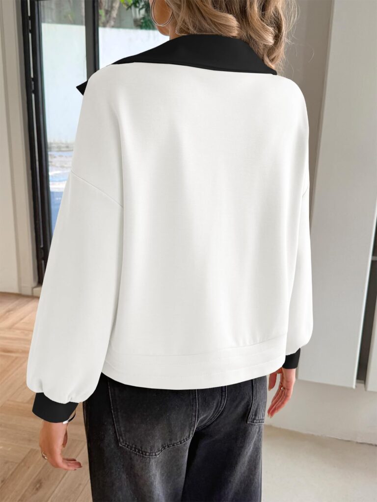 Fisoew Womens Cropped Oversized Sweatshirt Casual Lapel V Neck Long Sleeve Contrast Drawstring Loose Fit Fall Pullover Tops
