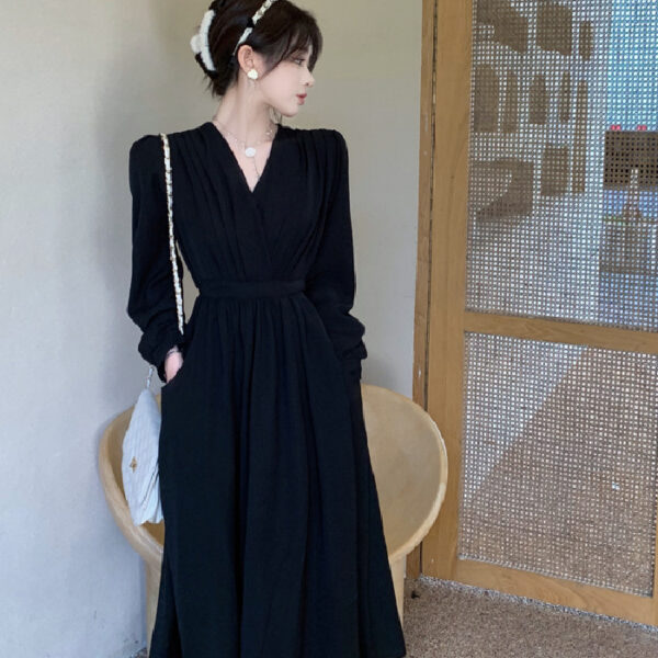 Elegant Long Sleeve V Neck Solid Color Dress - Image 4