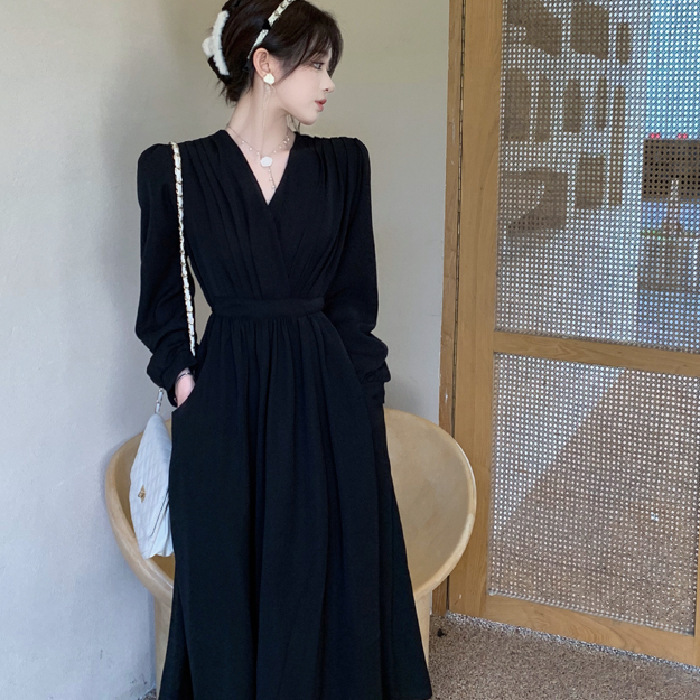 Elegant Long Sleeve V Neck Solid Color Dress - Image 4