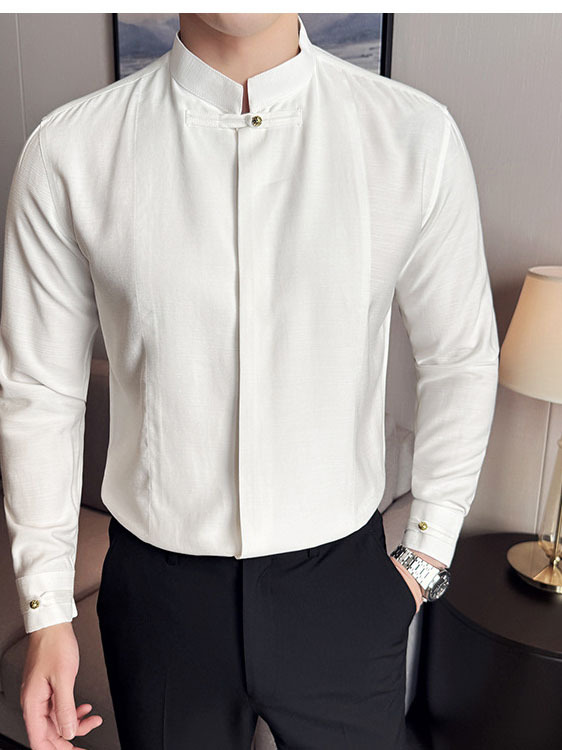 Men's Solid Color Stand Collar Long-sleeved Shirt - Image 18