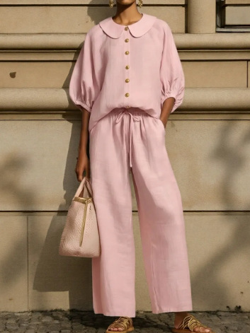 Fashionable Collar Shirt And Wide-Leg Pants Linen Two-Piece Set - Image 4