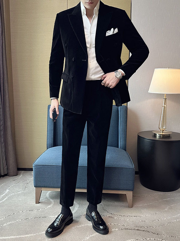 Men's Peak Lapel Double-breasted Velvet Two-piece Suit - Image 5