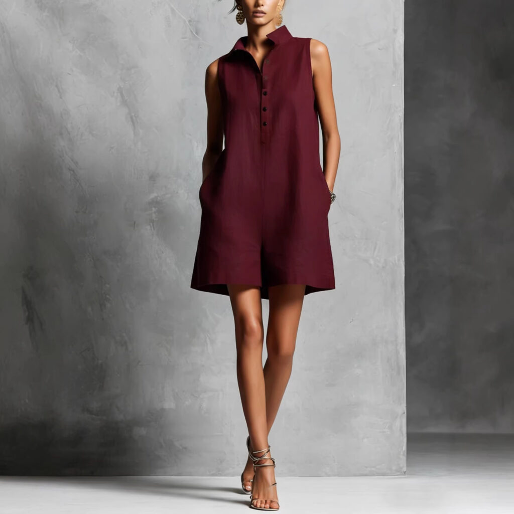 Women's Casual Lapel-Neck Sleeveless Short Jumpsuit