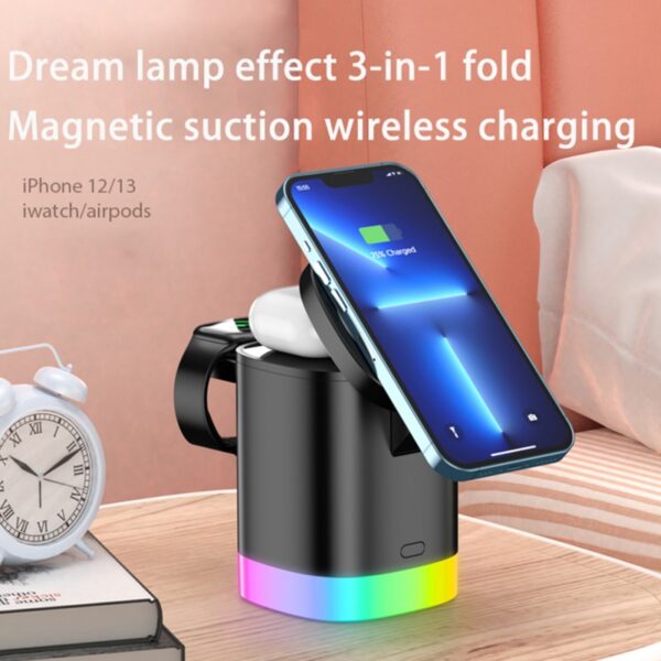 3 In 1 Magnetic Wireless Fast Charger For Smart Phone RGB Ambient Light Charging Station For Airpods IWatch - Image 12