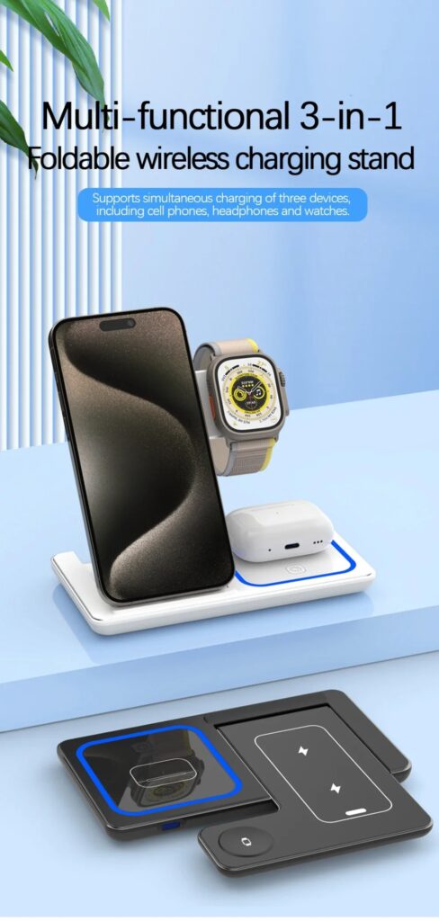 15W 3 In 1 LED Fast Wireless Charger Stand Foldable Charging Station For Smart Phone 15 14 13 12 11 IWatch 9 8 7 6 5 Airpods Pro