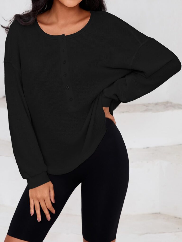 Fisoew Womens Cropped Sweatshirt Casual Waffle Knit Button V Neck Long Sleeve Loose Fit Fall Crop Tops
