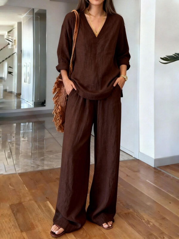 Womens Washed Cotton Multi-Color V-Neck Pullover Long-Sleeve Top And Pants Set - Image 8