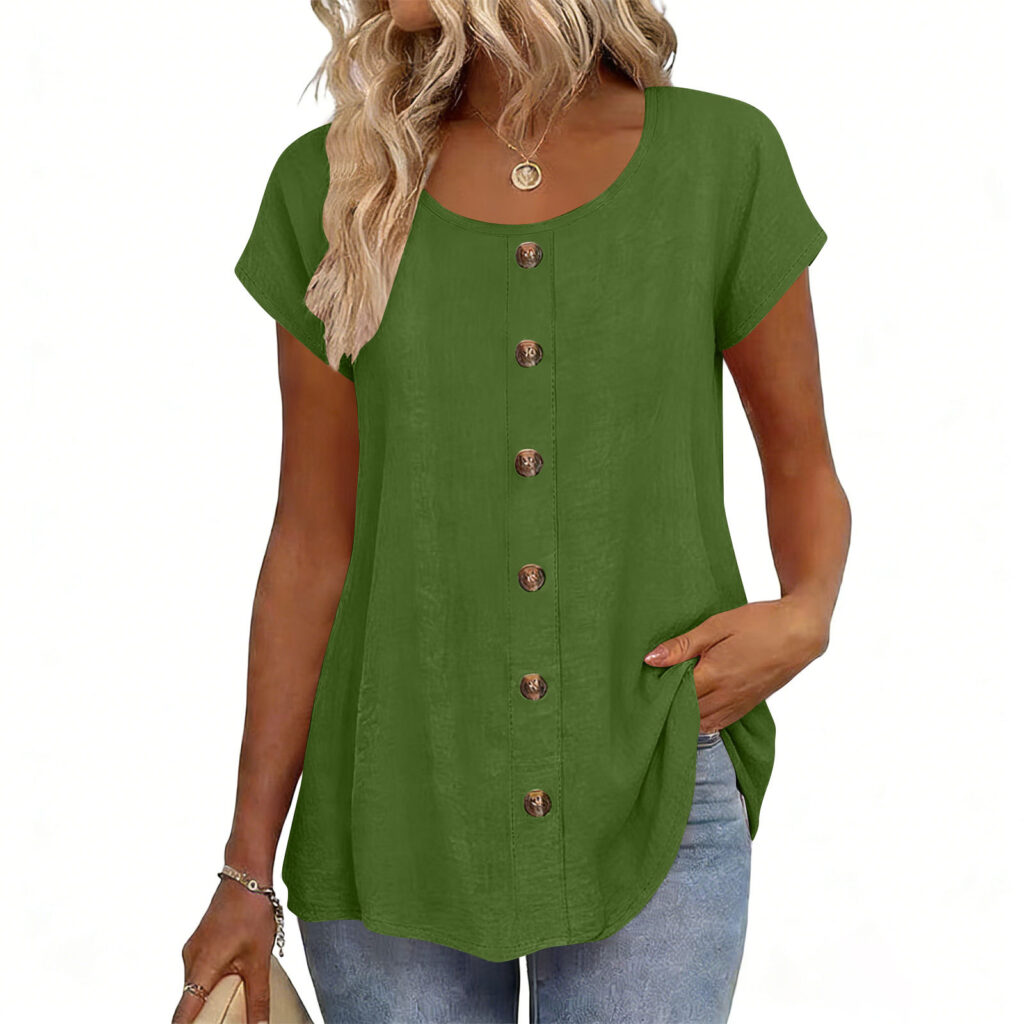Decorative Girl Button Solid Color Short-Sleeve Crewneck T-Shirt Top