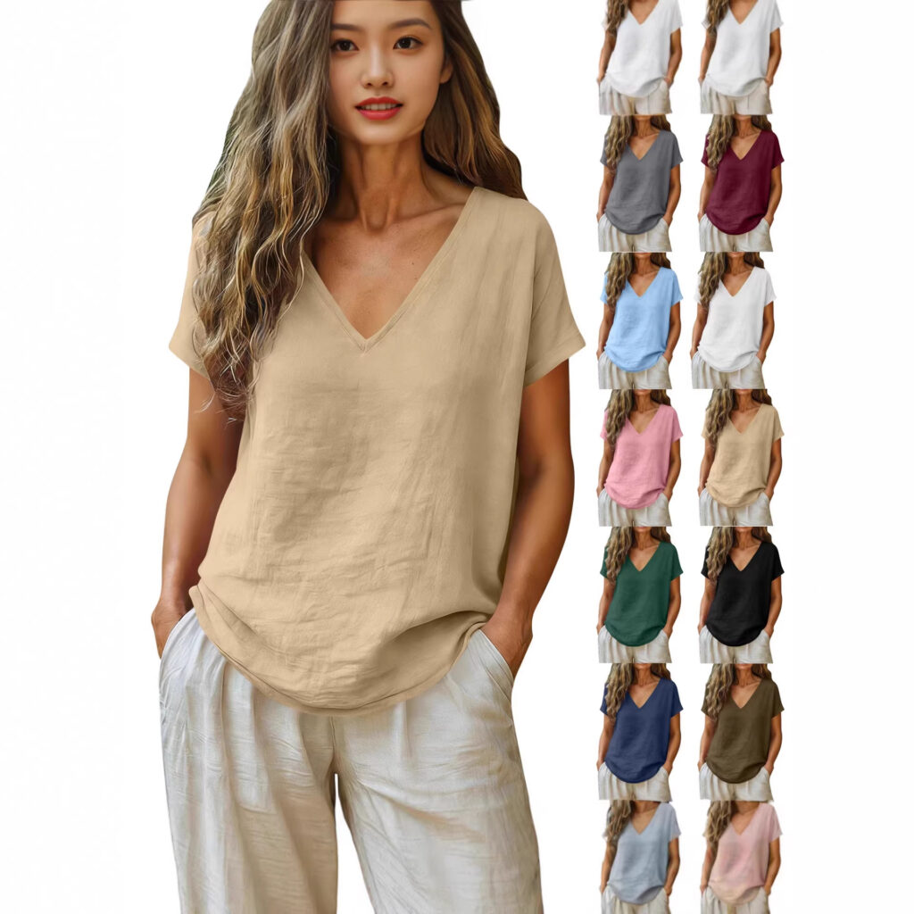 Women's Cotton-Linen Short-Sleeve V-Neck Pullover Top