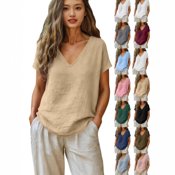 Women's Cotton-Linen Short-Sleeve V-Neck Pullover Top - Image 8