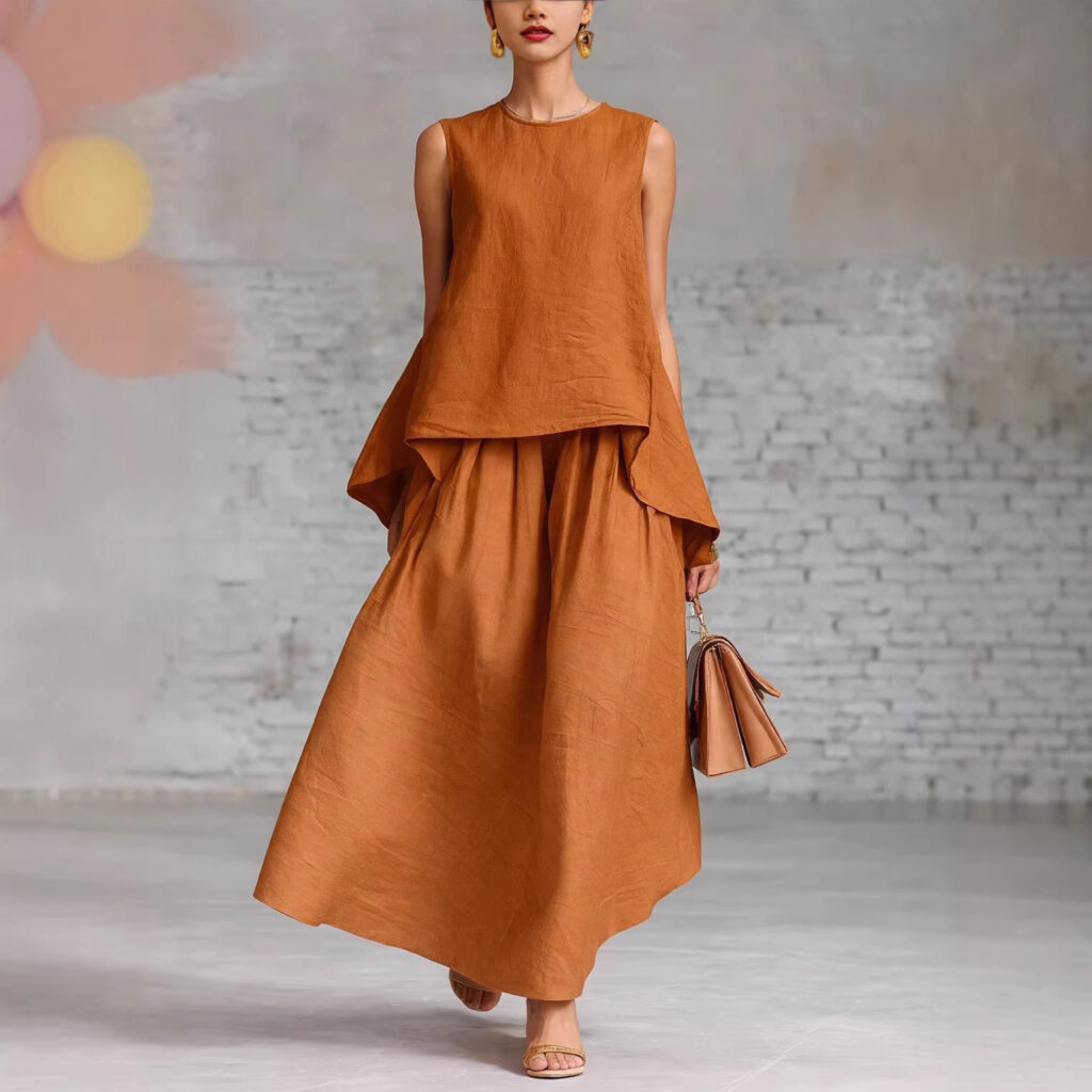 Elastic-waist Sleeveless Top With An Asymmetrical Hem And A Pleated Maxi Skirt