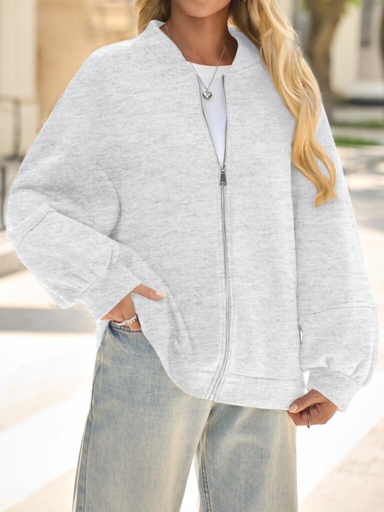 Fisoew Womens Zip Up Sweatshirt Casual Bomber Jacket Lantern Sleeve Oversized Jacket Fall Outfits 2025