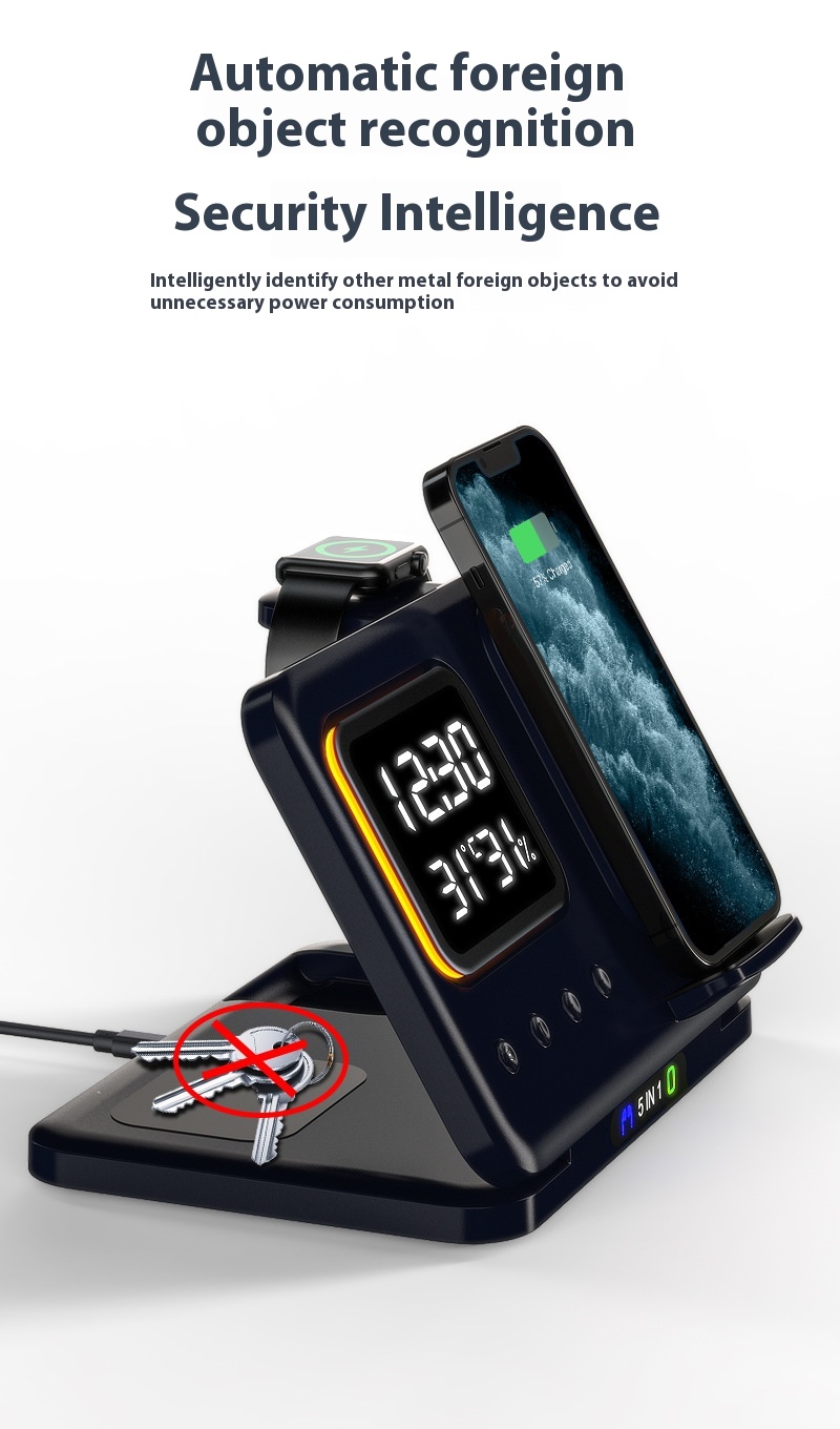 15W Wireless Chargers Stand 5 In1 LED Digital Alarm Clock Fast Charging Dock Station - Image 18