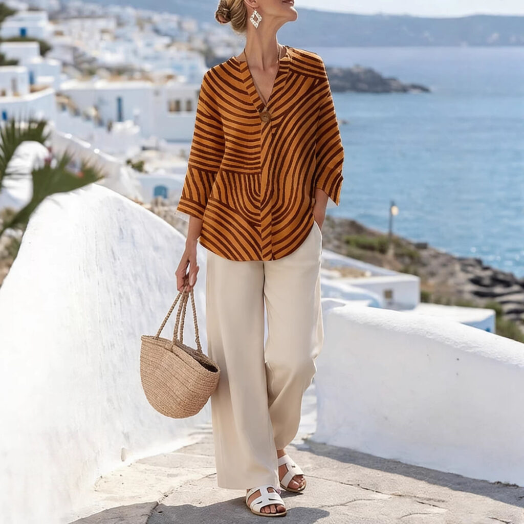 V-Neck Patterned Printed Womens Straight-Leg Pants Set