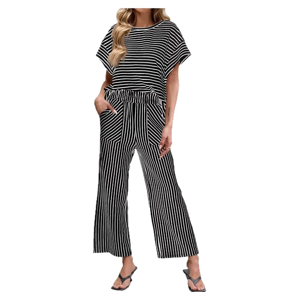 Womens Striped Short-Sleeve T-Shirt And Wide-Leg Pants Set With Pockets - Image 3