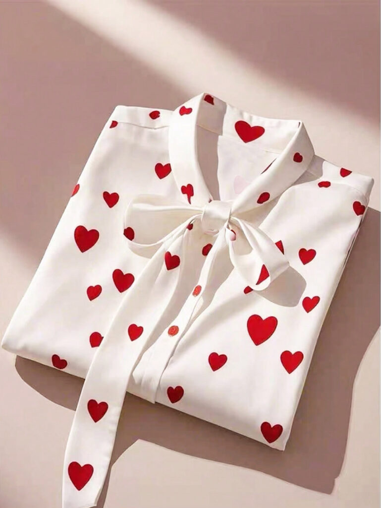Printed Collared Ruffle-Trimmed Long-Sleeve Womens Shirt