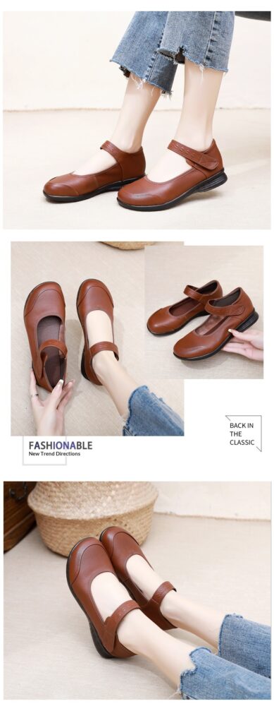Genuine Leather Single-Strap Velcro Closure Plus-Size Round-Toe Flat Shoes