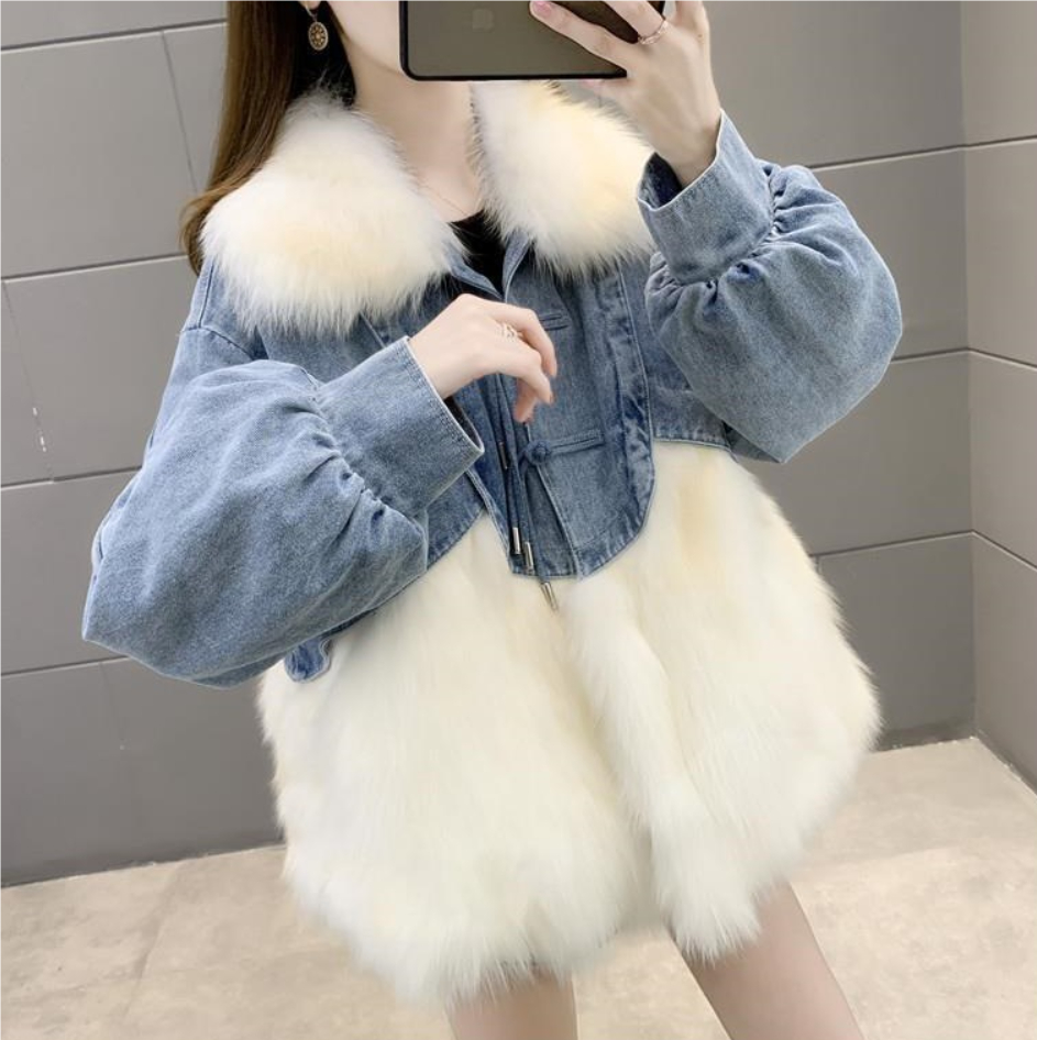 Denim Parka Womens Short Leather Faux Fox Fur Coat - Image 7