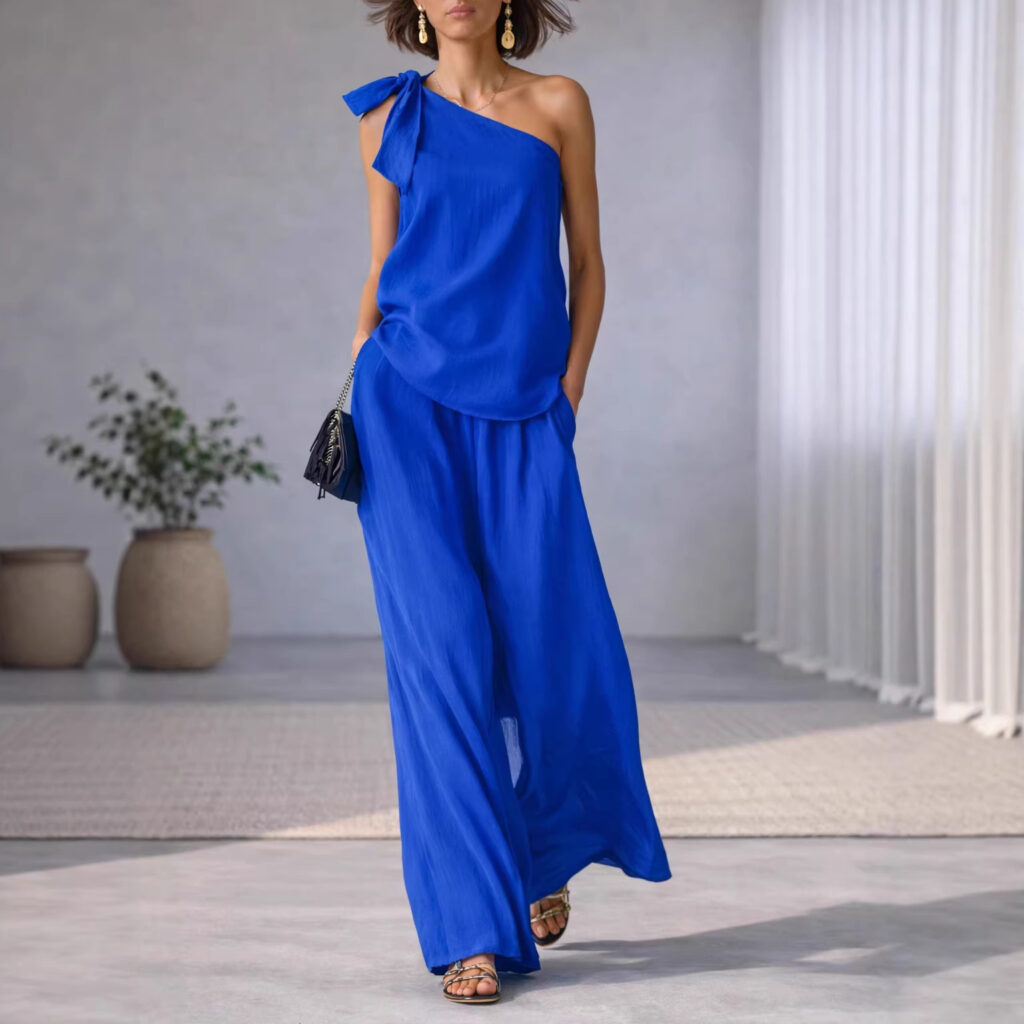 Sleeveless One-shoulder Top With Tie Detail And Wide-leg Pants