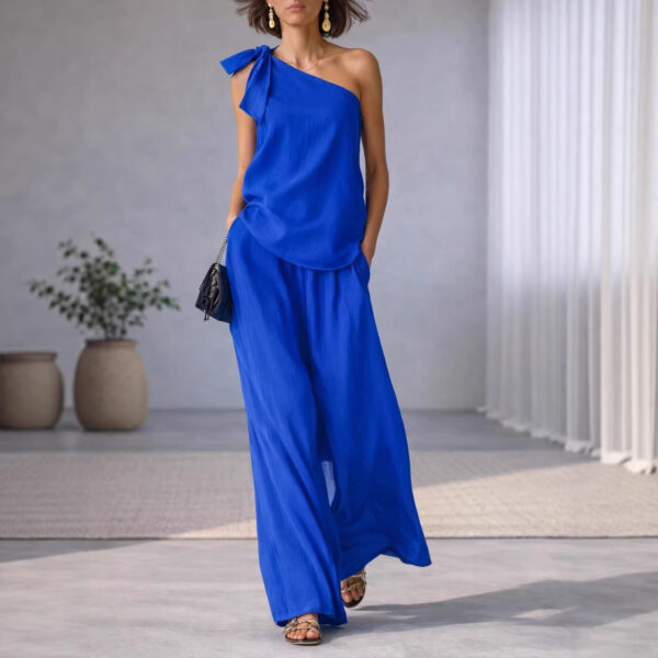 Sleeveless One-shoulder Top With Tie Detail And Wide-leg Pants - Image 9