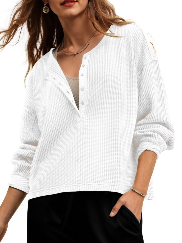 Fisoew Womens Cropped Sweatshirt Casual Waffle Knit Button V Neck Long Sleeve Loose Fit Fall Crop Tops