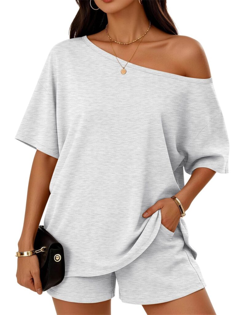 Womens 2-piece Fashionable Casual Set Slant-Neck Top And Shorts