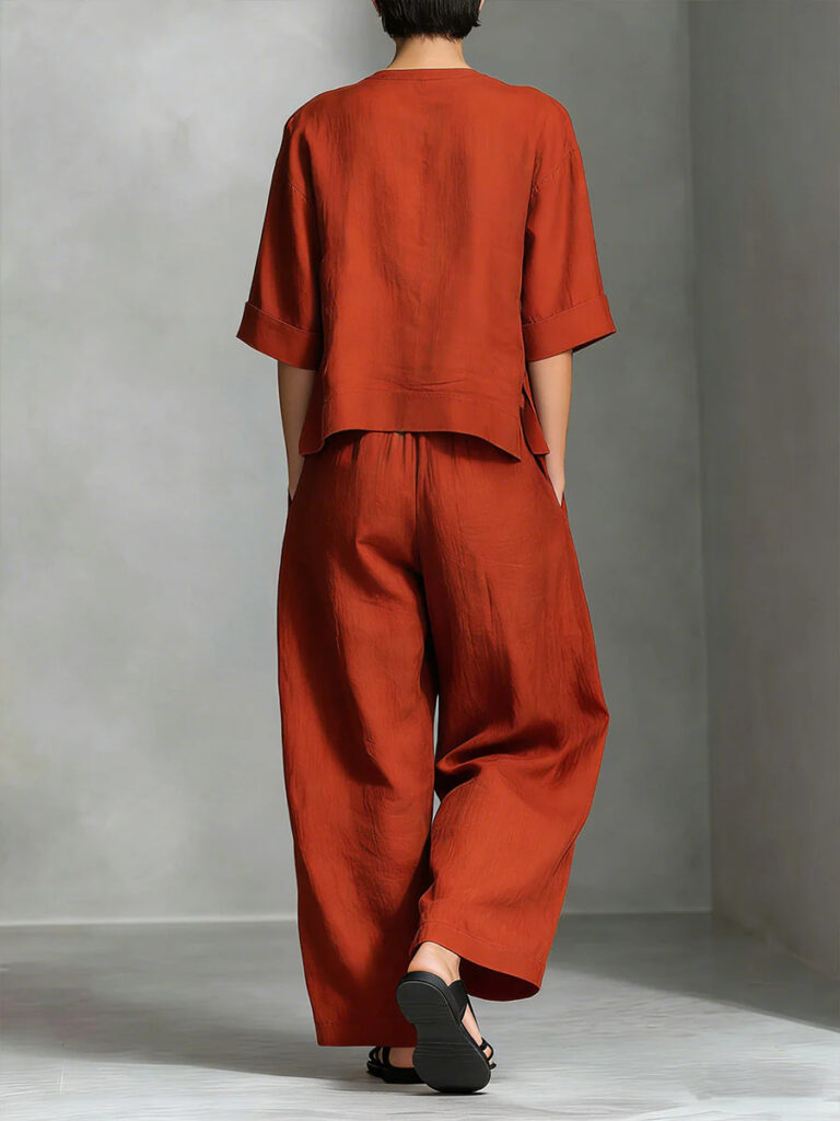 Solid-color Cotton-linen Shirt And Loose-fitting Trousers Two-piece Set