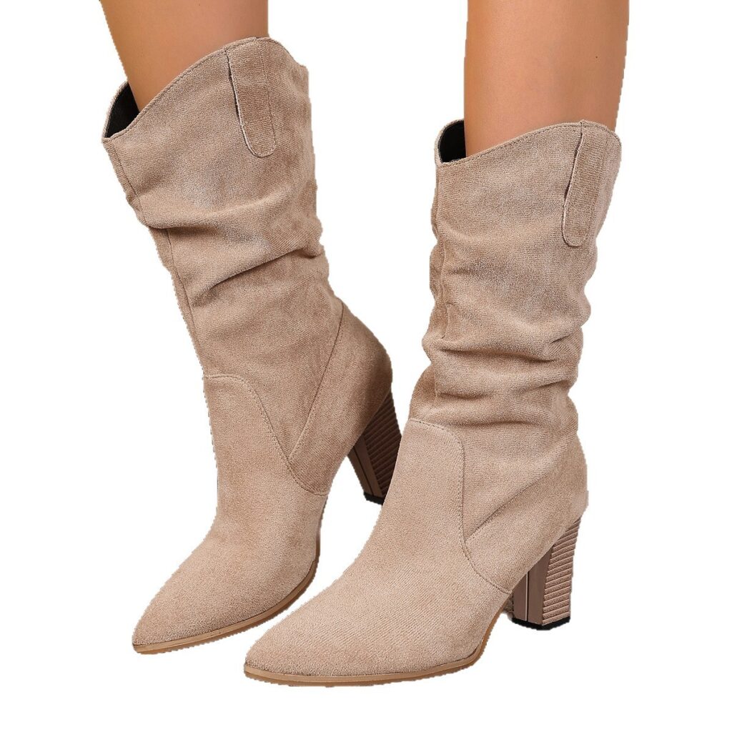 Suede Pointed-toe Fashion Boots With Pleated Mid-calf Design And Chunky Heel