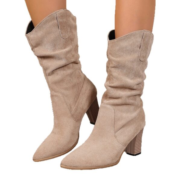Suede Pointed-toe Fashion Boots With Pleated Mid-calf Design And Chunky Heel - Image 4