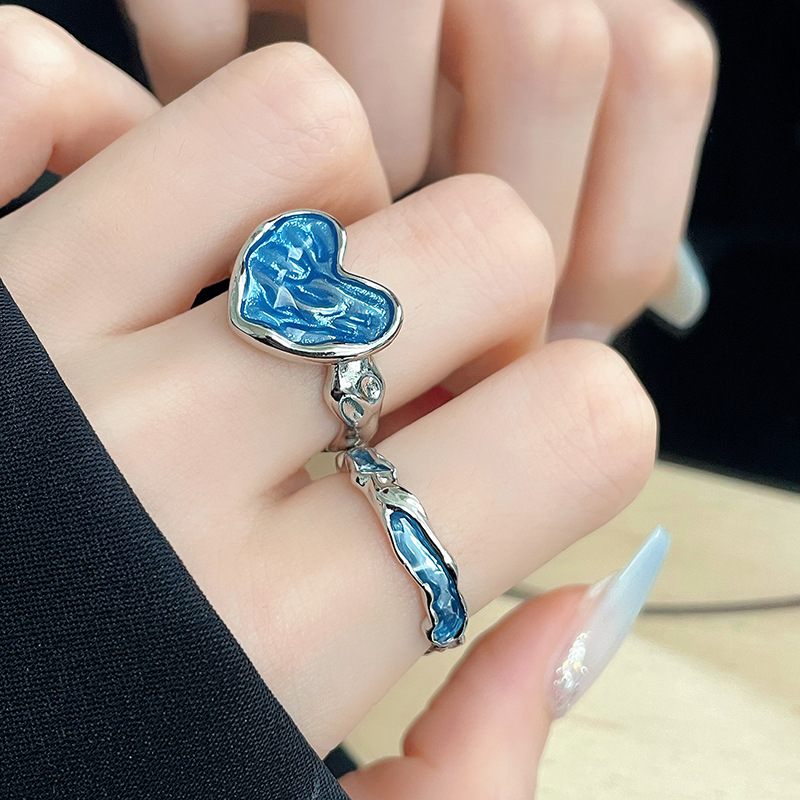 Dripping Glaze Texture Heart-shaped Adjustable Ring Set - Image 7