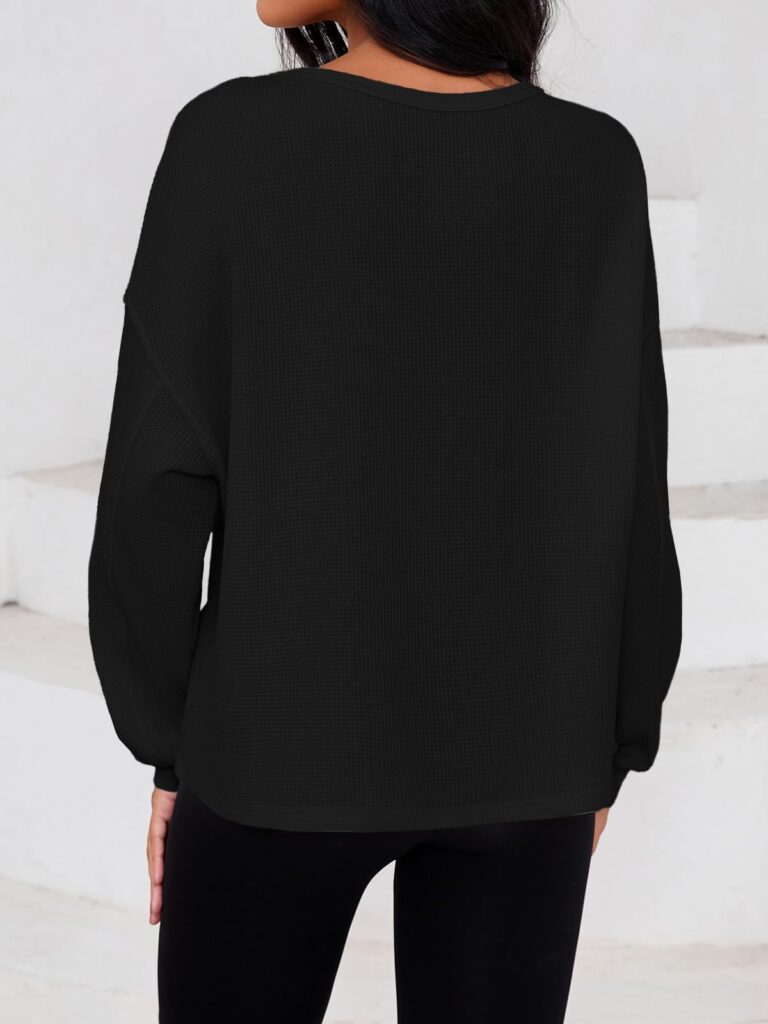 Fisoew Womens Cropped Sweatshirt Casual Waffle Knit Button V Neck Long Sleeve Loose Fit Fall Crop Tops