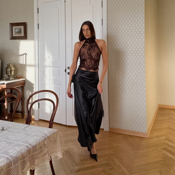 Black Lace Sheer Halter Top And Satin High-waisted Skirt Two-piece Set - Image 3