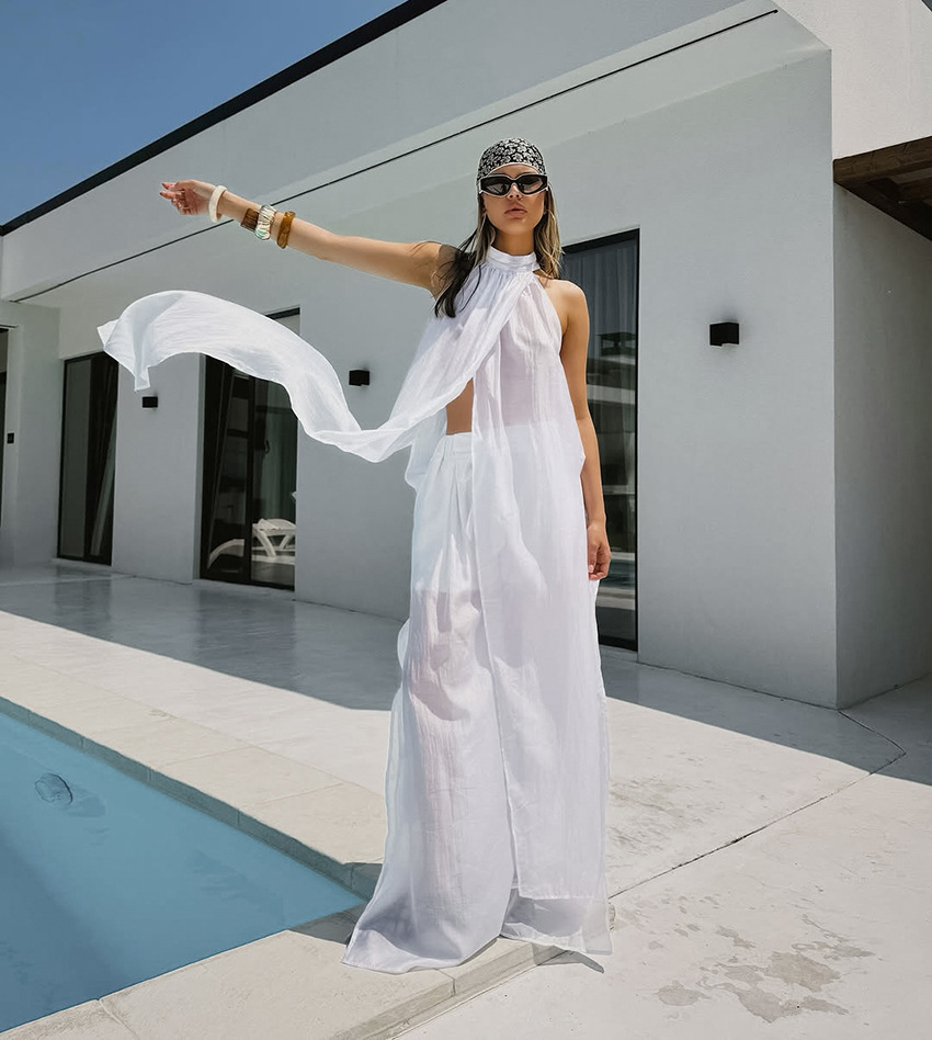White Tencel Sleeveless Halter Neck Long Vest And Trousers Two-piece Set - Image 1
