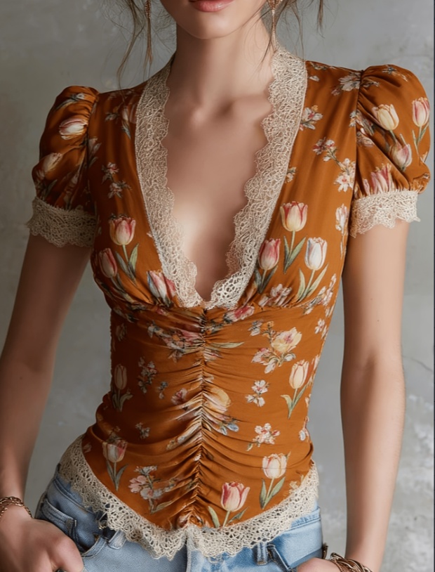 French Retro Style Lace Patchwork Printed Puff Sleeve Top For Women - Image 12